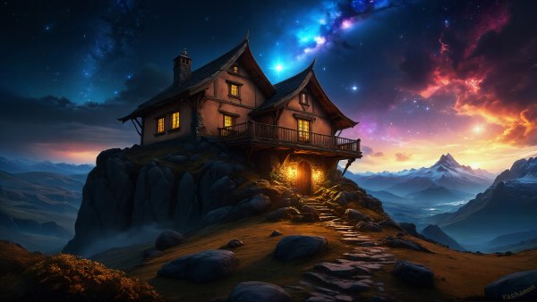 Wooden House Mountain Peak Wallpaper