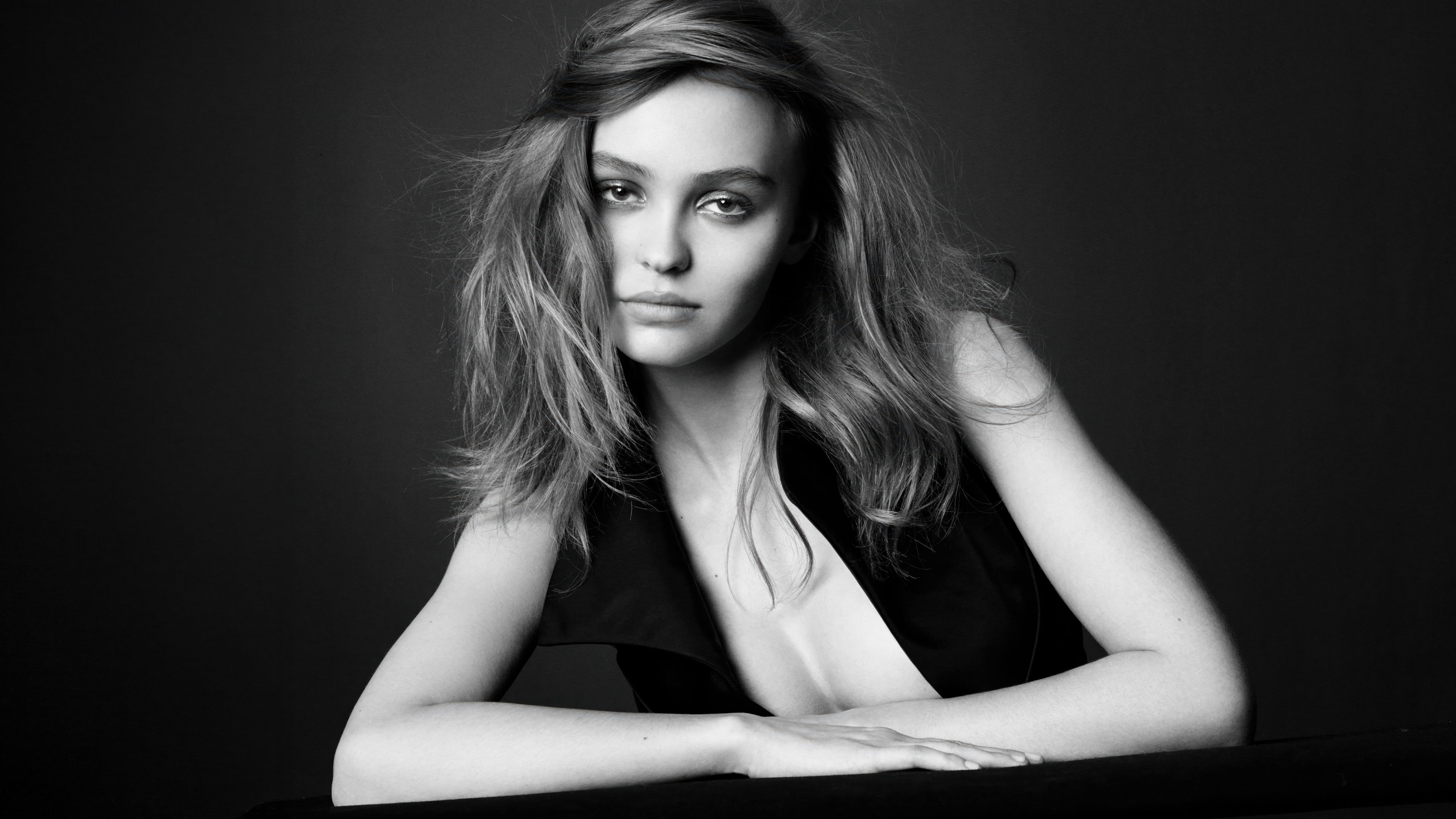 Lily Rose Depp Black and White Wallpaper