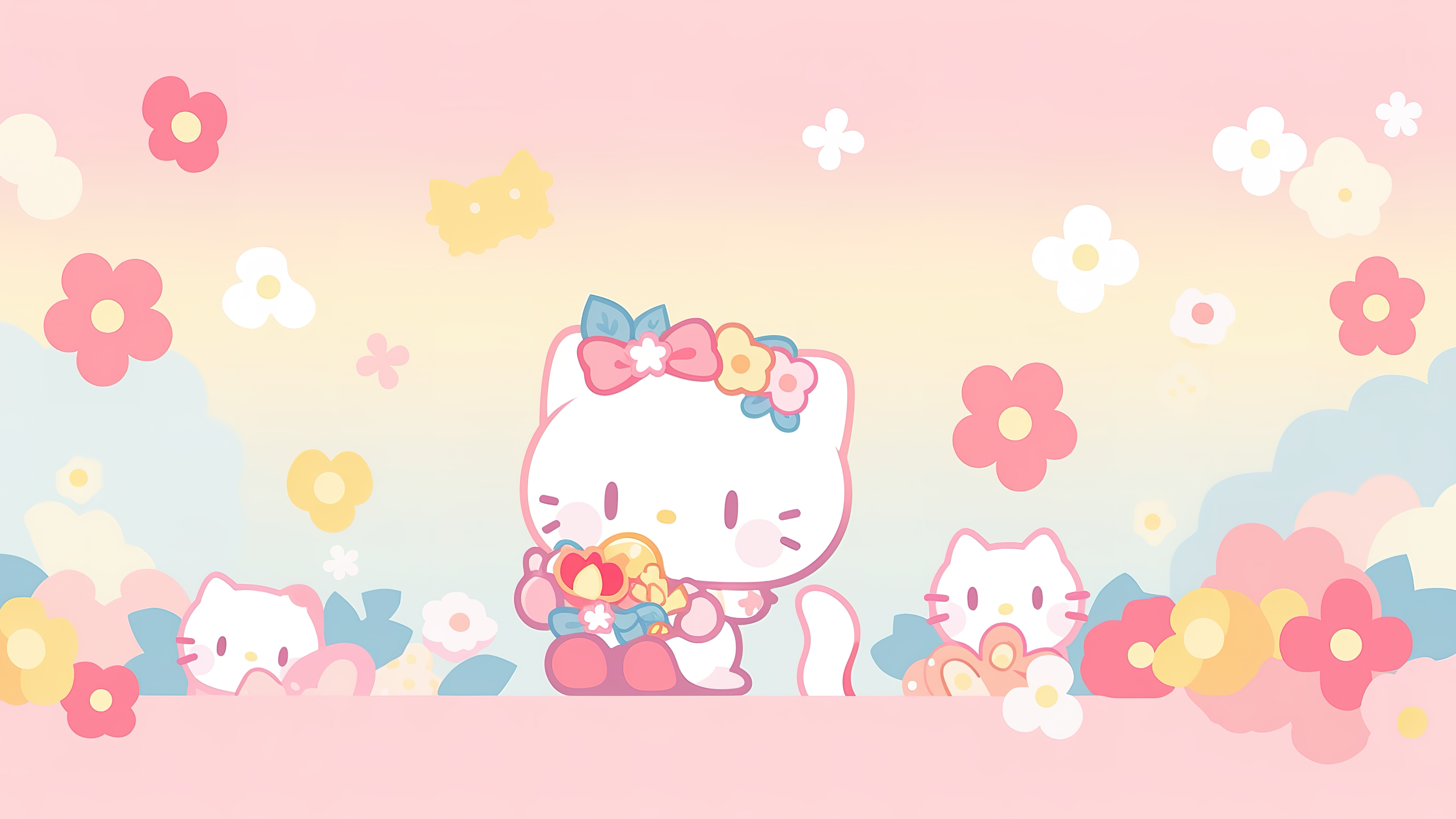 Cute hello kitties Floral Background Wallpaper