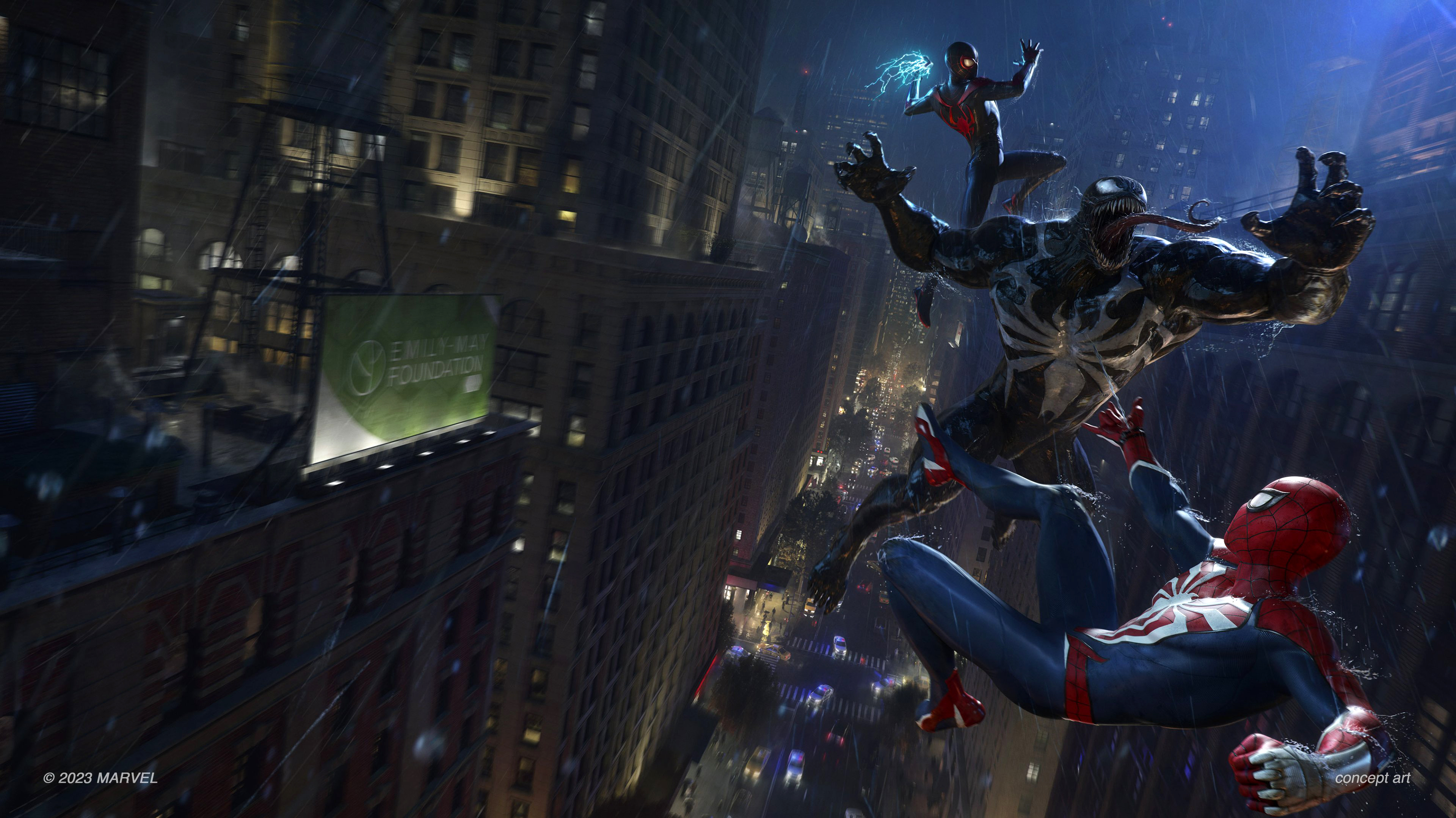 Venom, Miles Morales, Spider-Man Fight in Spider-Man 2 Game Wallpaper