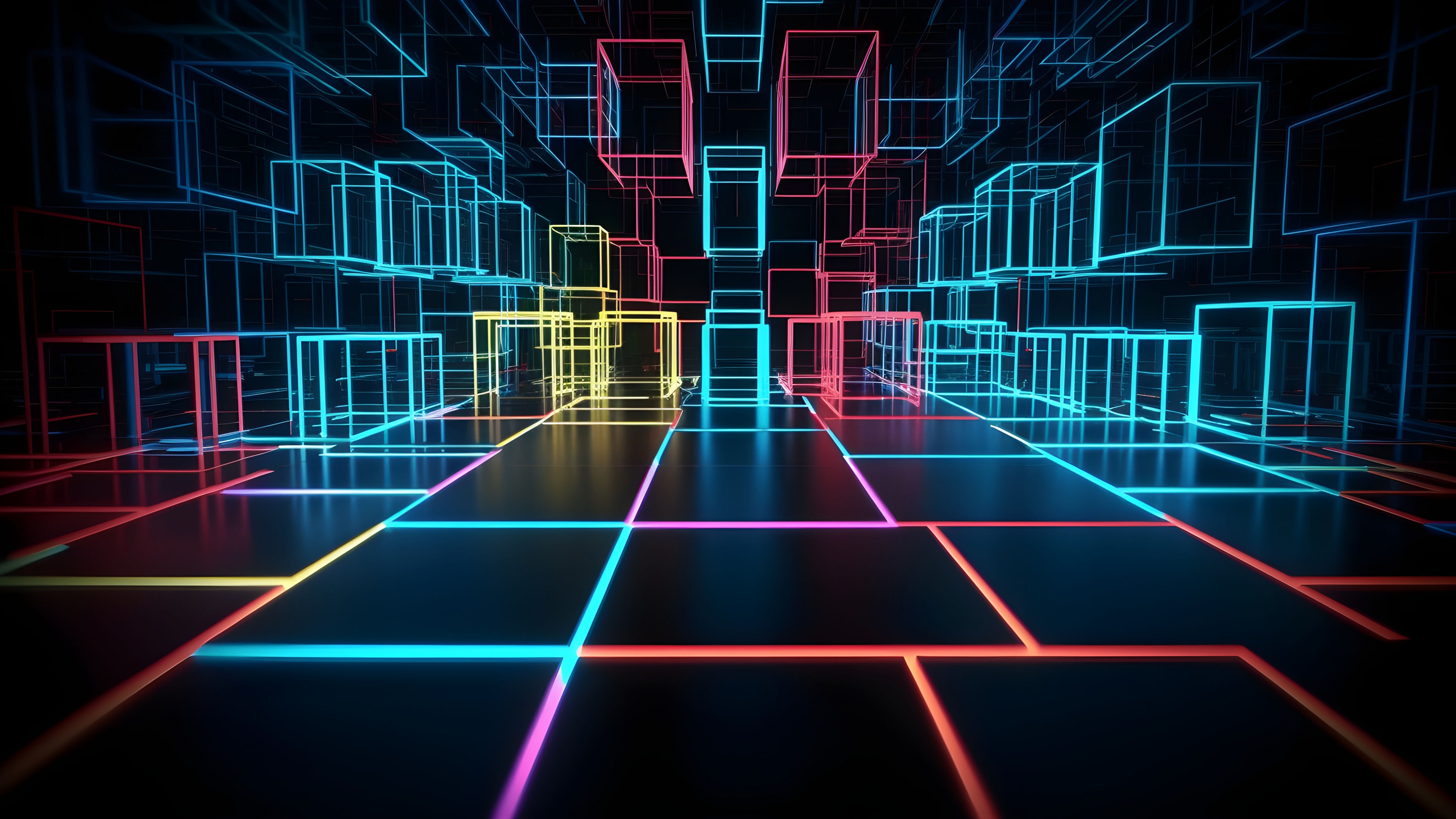 Neon Cubes on Neon Floor 5K Wallpaper