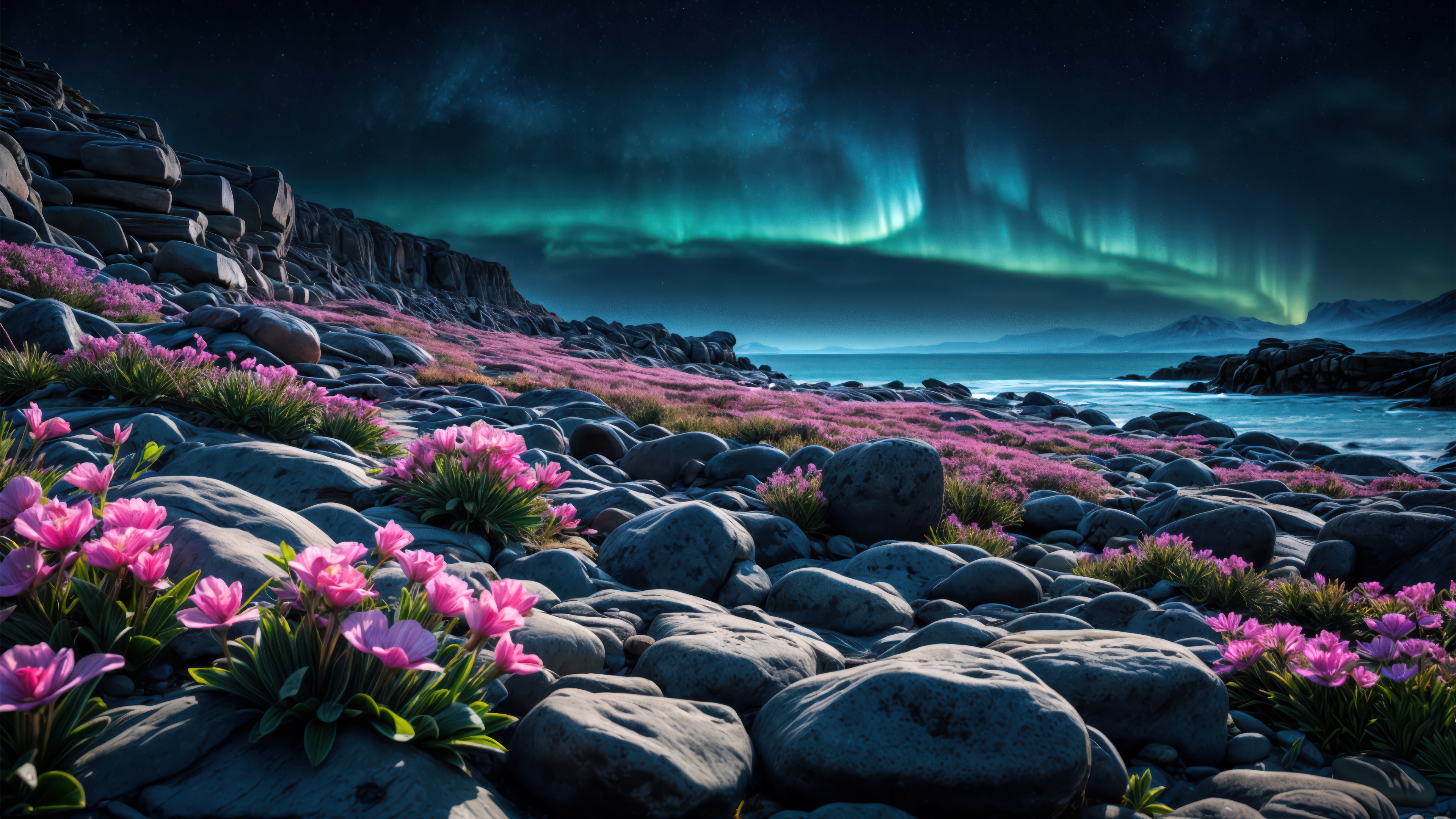 Rocky beach Aurora sky Wallpaper